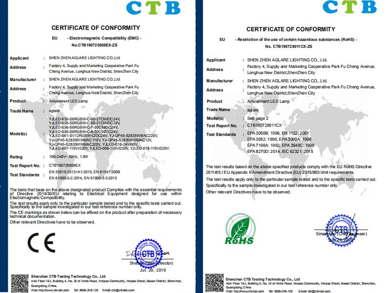 Our company's led amusement lamp successfully passed CE & ROHS certification!