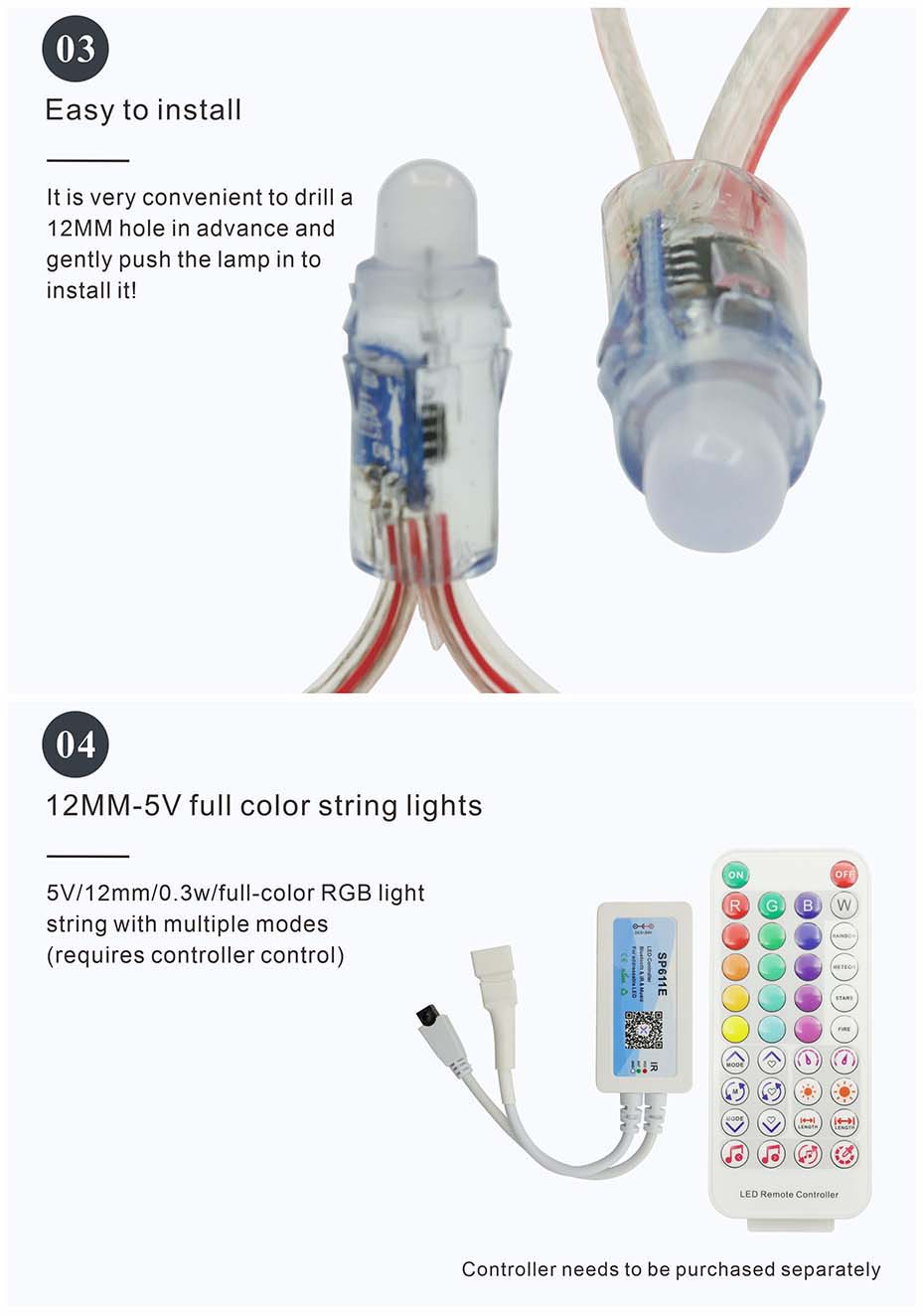 12mm addressable led pixels